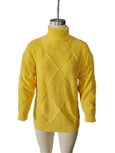 Detail of bright yellow turtleneck knit sweater with prominent 3D diamond pattern