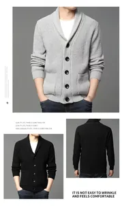 Close-up detail of men's chunky knit shawl collar cardigan showing front and back views