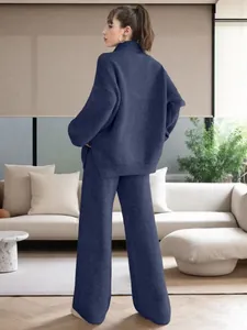 Detailed rear view of navy blue ribbed knit sweater and wide leg pants lounge set