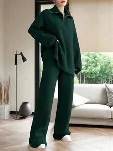 Oversized dark green ribbed knit set with half-zip sweater and wide-leg lounge pants