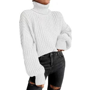 Maglione a collo alto in maglia grossa bianca da donna, vestibilità ampia tinta unita