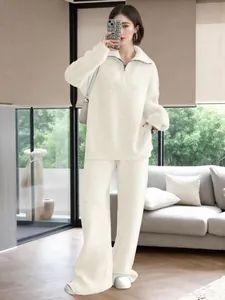 Cozy cream half-zip knit sweater and wide-leg pants set for autumn/winter wear