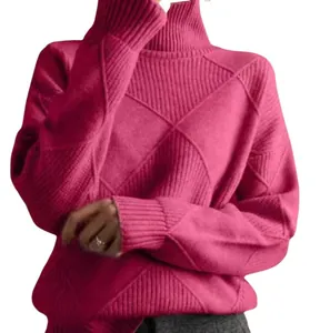 Detail of magenta argyle knit turtleneck sweater showing texture and ribbing
