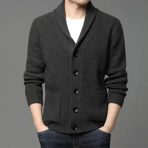 Men's casual thick knit shawl collar button cardigan sweater in dark charcoal grey