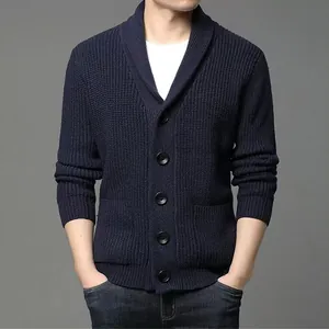 Men's heavyweight navy blue knit cardigan sweater featuring a classic shawl collar