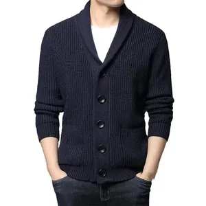 Classic navy blue men's shawl collar thick knit cardigan with buttons