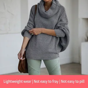 Women High Neck Lantern Sleeve Sweater Oversized Color Cotton Wool Blend Knit Pullover Solid Color Casual Warm Top