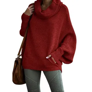 Elegant women's oversized red cowl neck knit sweater with stylish lantern sleeves