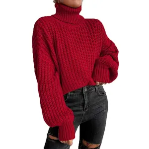 Maglione da donna rosso a dolcevita in maglia grossa, design semplice ed elegante