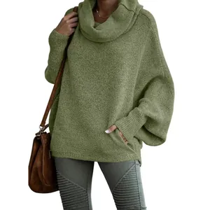 Cozy oversized olive green turtleneck knit sweater with stylish lantern sleeves for women