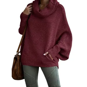 Fashionable oversized wine red turtleneck knit sweater with lantern sleeves for casual wear