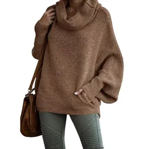 Stylish women's brown cowl neck knit sweater with loose lantern sleeves and casual fit