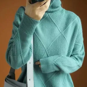 Teal turtleneck sweater with elegant diamond knit pattern for a cozy autumn look