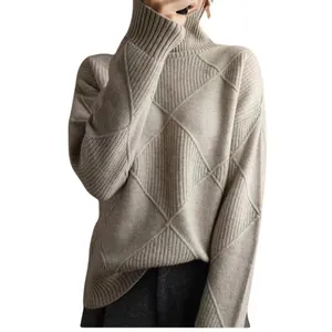 Elegant grey turtleneck knitted sweater featuring a textured argyle diamond pattern