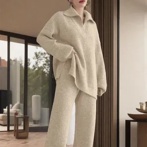 Women Cashmere Blend Knit Top And Bottom Half Zip Half High Neck Solid Color Loose Thick Ribbed Pullover Sweater Wide Leg Pants
