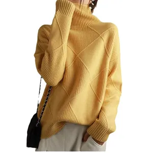 Fashionable yellow turtleneck sweater for women featuring a textured diamond knit pattern