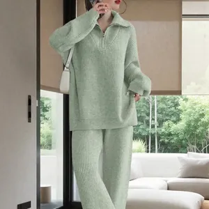 Elegant mint green half-zip knit sweater and wide-leg pants two-piece set for women