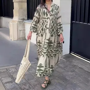 Elegant bohemian olive green geometric printed long-sleeve maxi shirt dress for women