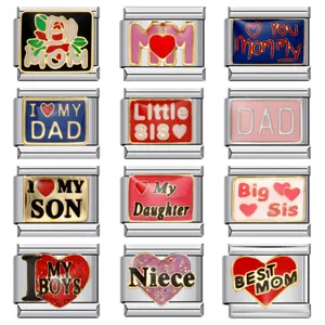 Stainless Steel Italian Modular Charm Link For DIY Bracelet Enamel Heart Mom Dad Family Member Theme Jewelry Gift