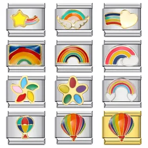 Maillons de Charme Italiens en Acier Inoxydable pour Bracelet DIY Bijoux Arc-en-ciel Cœur Montgolfière Émail Pendentif Femme Bijoux