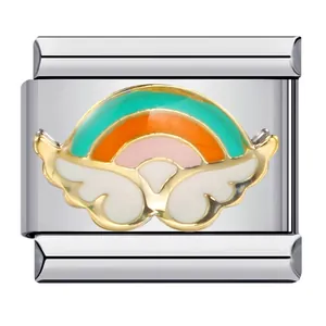 Gros plan d'un maillon de bracelet italien en acier avec motif arc-en-ciel émaillé.