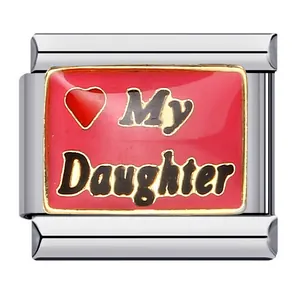 Close-up of stainless steel Italian charm with red heart and My Daughter text