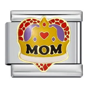 Handcrafted stainless steel Italian modular charm featuring a crown heart and MOM text.