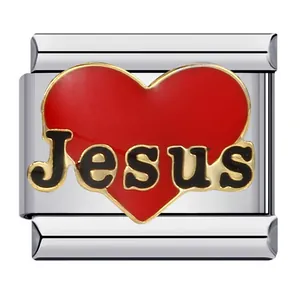 Charm italiano in acciaio inossidabile con cuore rosso Jesus per bracciali modulari