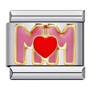 Stainless steel Italian charm link with pink MOM lettering and red heart design