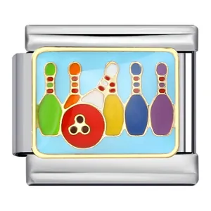 Hochwertiger italienischer Modular-Charm aus Edelstahl mit buntem Bowlingkegel-Design