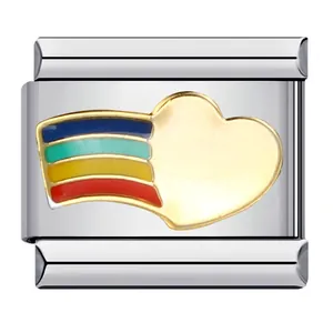 Maillon de bracelet italien en acier inoxydable avec arc-en-ciel et cœur doré pour bijou DIY