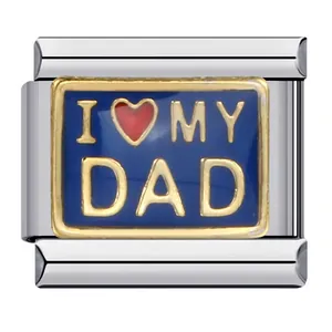 Premium stainless steel Italian charm link featuring blue I Love My Dad design and heart