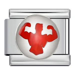 Italienischer Modul-Charm aus Edelstahl mit roter Muskelmann-Silhouette