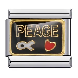 Charm link italiano in acciaio inox con scritta Peace e cuore rosso
