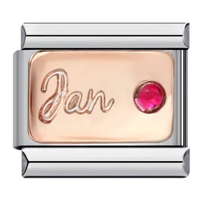 Charm modulare italiano in acciaio inox con pietra portafortuna gennaio e scritta Jan