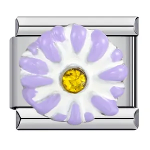Charm modular italiano de acero inoxidable con margarita morada y centro de cristal amarillo