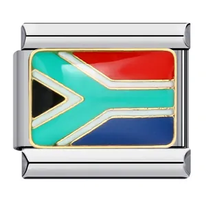 Maillon de bracelet modulaire italien en acier inoxydable avec drapeau d'Afrique du Sud.