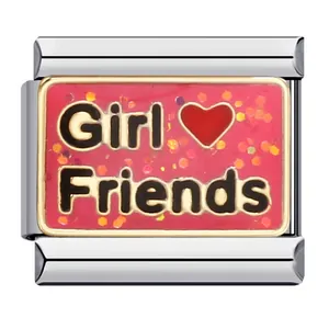 Charm italiano in acciaio inossidabile con testo 'Girl Friends' e cuore per bracciali