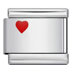 Charm modulare italiano in acciaio inossidabile con motivo a cuore in smalto rosso