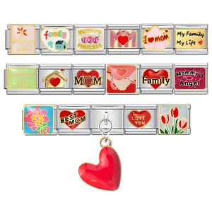 Detailed view of colorful stainless steel Mother's Day Italian modular bracelet links