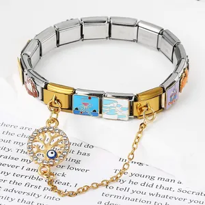 Detailed view of stainless steel Italian modular bracelet with evil eye tree charm