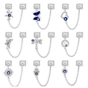 Stainless Steel Evil Eye Safety Chain Charm For Italian Modular Bracelet DIY Rhinestone Enamel Hamsa Heart Butterfly Link