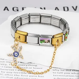 Modular stainless steel Italian charm bracelet with golden evil eye starfish pendant
