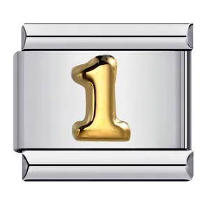 Stainless steel Italian module charm with golden Arabic numeral 1 for DIY bracelets