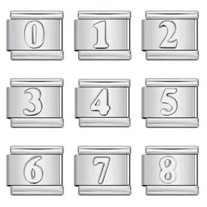 Stainless steel Italian modular charms with numbers 0-8 in a silver grid layout