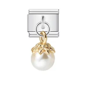 Maillon de bracelet Italian charm en acier inoxydable avec pendentif perle blanche