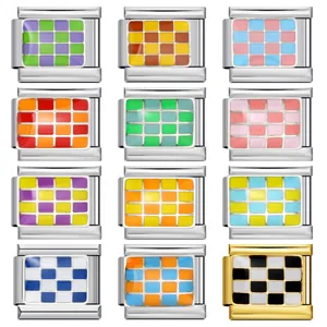 Collection de breloques modulaires italiennes en damier coloré en acier inoxydable