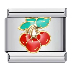 Stainless steel Italian charm link with red cherry enamel design for DIY bracelets.