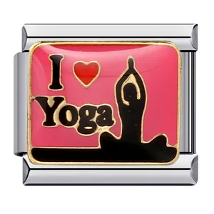 Rvs Italiaanse modulaire bedelarmband schakel met roze emaille I Love Yoga ontwerp