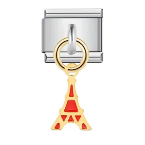 Maglia per bracciale italiano con pendente Tour Eiffel rosso in acciaio inossidabile